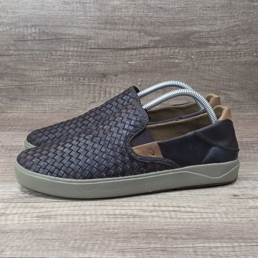 OluKai Lae'ahi Lauhala Men's Size 9M Brown Woven Leather Slip-On Casual Shoes